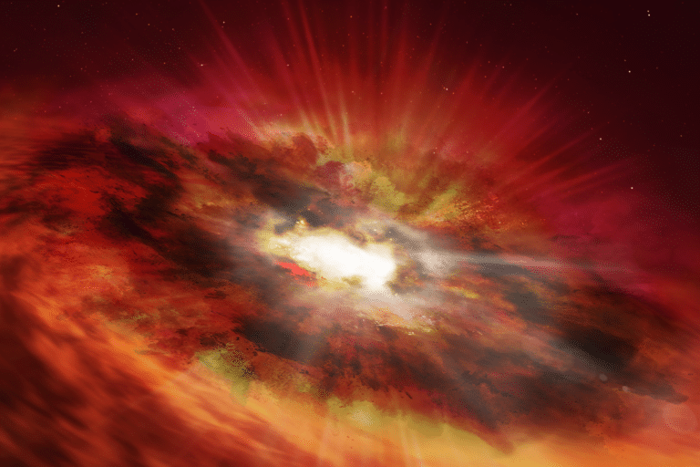 Сверхмассивная черная дыра в центре пыльной звездообразующей галактики в представлении художника.