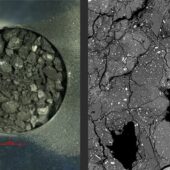 Слева: фотография образцов с Рюгу. Справа: снимок структуры одного из кусочков, сделанный с помощью электронного микроскопа