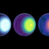 Приполярные области Урана в разных диапазонах микроволн. Сам циклон виден как яркая точка в центре цветовых пятен