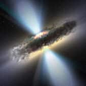 Плотный пылевой «бублик», который, как считают астрономы, окружает многие сверхмассивные черные дыры и их аккреционные диски. В представлении художника