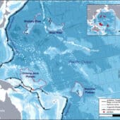 Основные океанические плато и зоны субдукции в западной части Тихого океана. На карте показаны местоположения подводных гор в районе атоллов Онтонг-Джава и Манихики и возвышенностей Шатского и Хесса