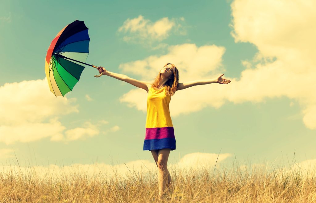 mood-girl-dress-color-hands-smile-summer-umbrella-umbrella-happiness-freedom-freedom-openness-warmth-plants-nature-field-sun-sky-clouds-background-freedom