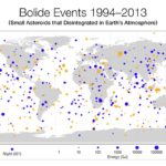 Карта астероидов, столкнувшихся с Землей за последние 20 лет