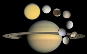 Некоторые спутники Сатурна и сама планета, масштаб не соблюден.