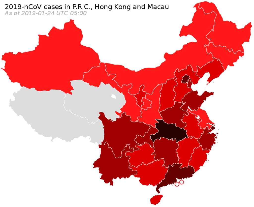 Карта распространения нового коронавируса 2019 года по регионам Китая. Черным показаны регионы распространения на 11 января 2020 года, более светлыми оттенками — на 20, 21, 22 и 23 января (чем позже, тем светлее). Географически распространение выглядит очень быстрым / ©Wikimedia Commons