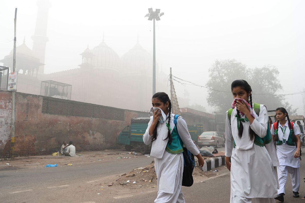 Смог в Нью-Дели. Индийские школьники закрывают лица, пока идут в школу / © AFP