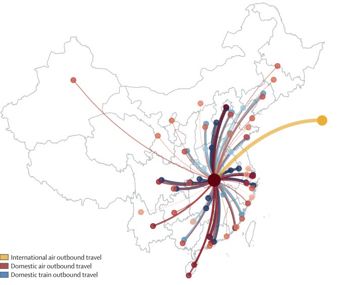 Диаграмма рисков распространения вируса 2019-nCov из Уханя. Красным цветом показаны маршруты внутреннего авиасообщения, желтым — международного авиасообщения, синим — внутреннего железнодорожного сообщения.