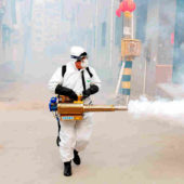 Рабочий в защитном костюме проводит дезинфекцию улиц в Циндао, китайская провинция Шаньдун / © Reuters