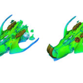 Трехмерные изображения челюстной кости крысы с периимплантитом, у которой установлен плохо прижившийся титановый мини-имплант (слева) и с успешно прижившийся имплант, в котором использовалась адгезивная гидрогелевая терапия.
