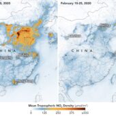 Падение уровня диоксида азота в воздухе на территории КНР. Изображение слева показывает концентрацию NO2 в период с 1 по 20 января, справа — с 1 по 25 февраля