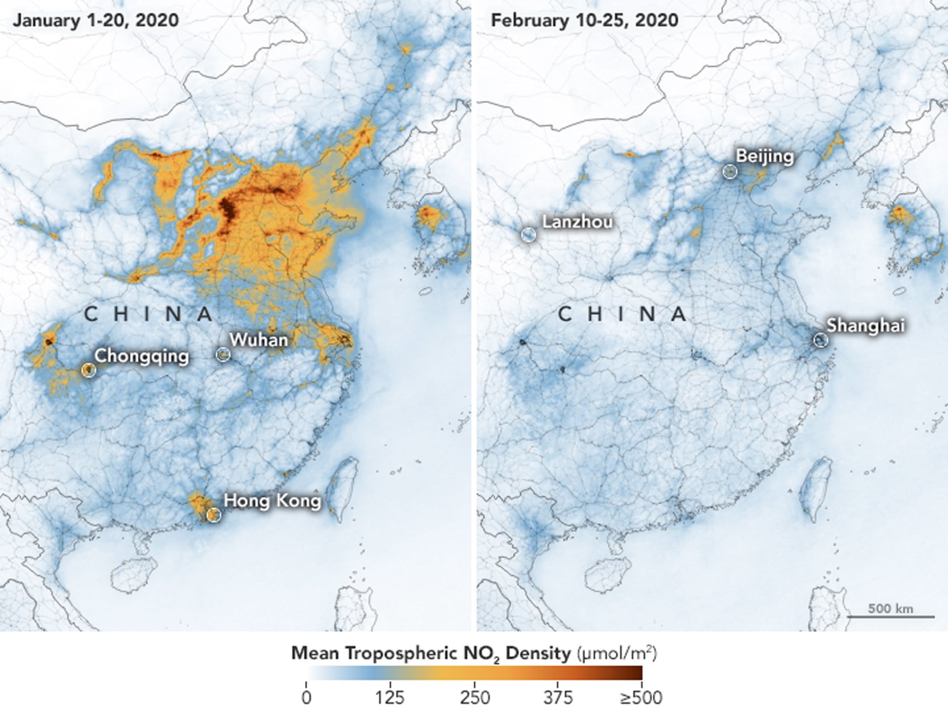 Падение уровня диоксида азота в воздухе на территории КНР. Изображение слева показывает концентрацию NO2 в период с 1 по 20 января, справа — с 1 по 25 февраля