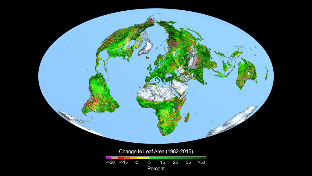  Изменение площади листьев в 1982-2015 годах (глобальное озеленение) в основном случилось из-за антропогенных выбросов СО2 / ©NASA