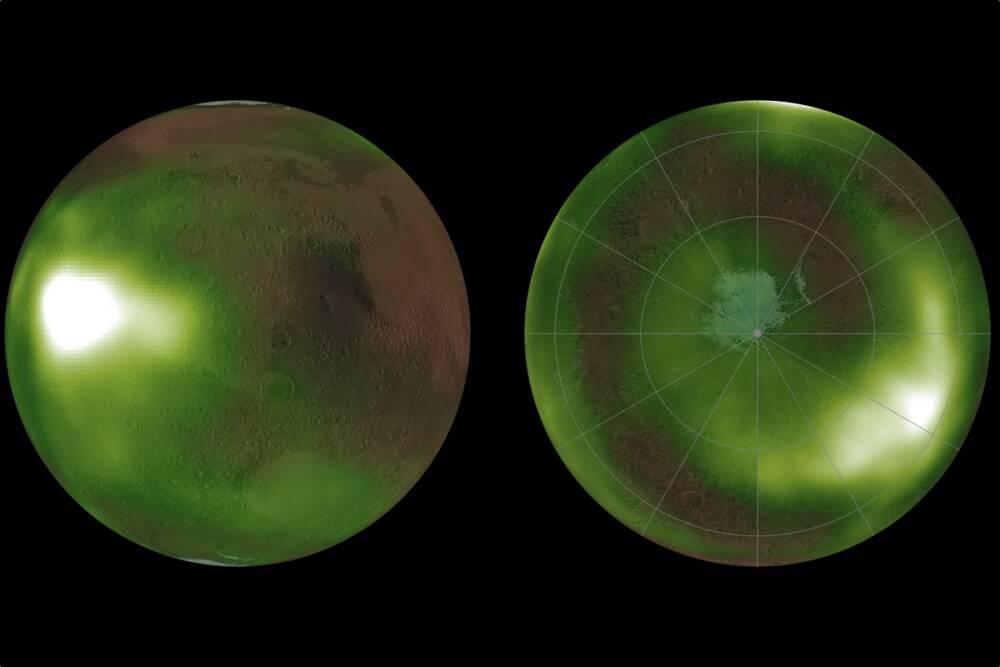 Экваториальные и приполярные УФ-сияния в разные сезоны на Марсе