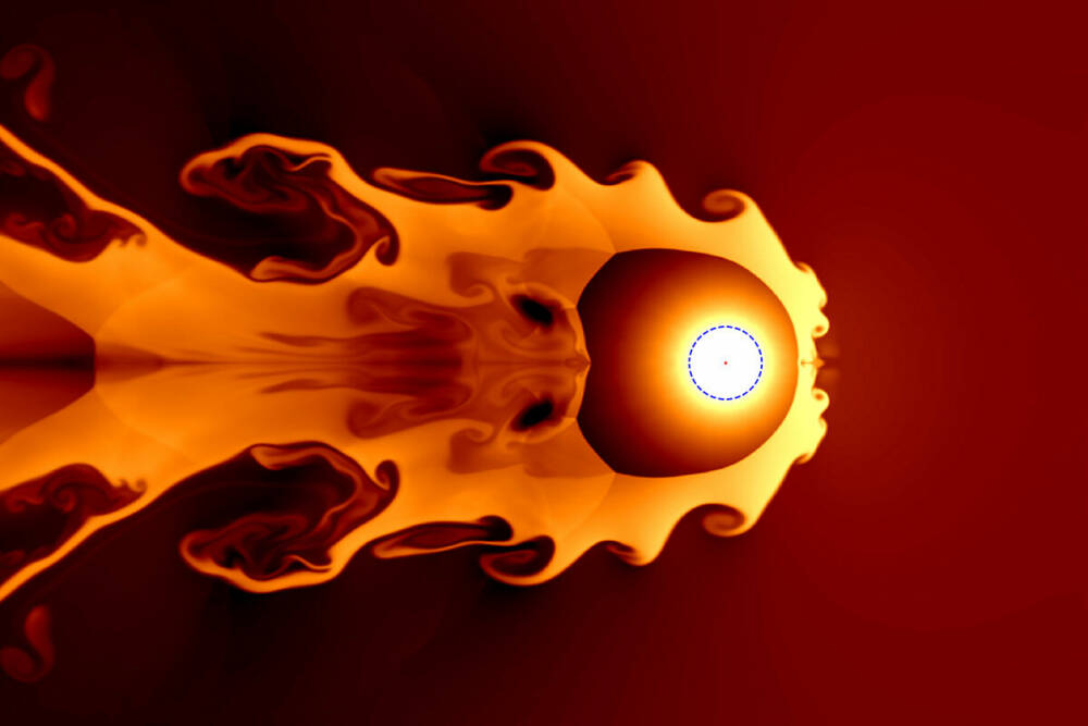 Изображение излучения от возможного взрыва сверхновой. Орбита Земли, синий пунктирный круг и Солнце, красная точка, показаны для масштаба. / ©Джесси Миллер