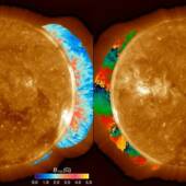 Сила магнитного поля солнечной короны (слева) и направления распространения альвеновских волн в нем (справа)