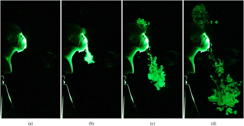 Эксперимент показывает, как маска с клапаном пропускает слюну при кашле / ©Physics of Fluids