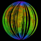 На данных гиперспектральной съемки Chandrayaan-1 присутствие гематита показано синим: видно, что минерал сконцентрирован у полюсов