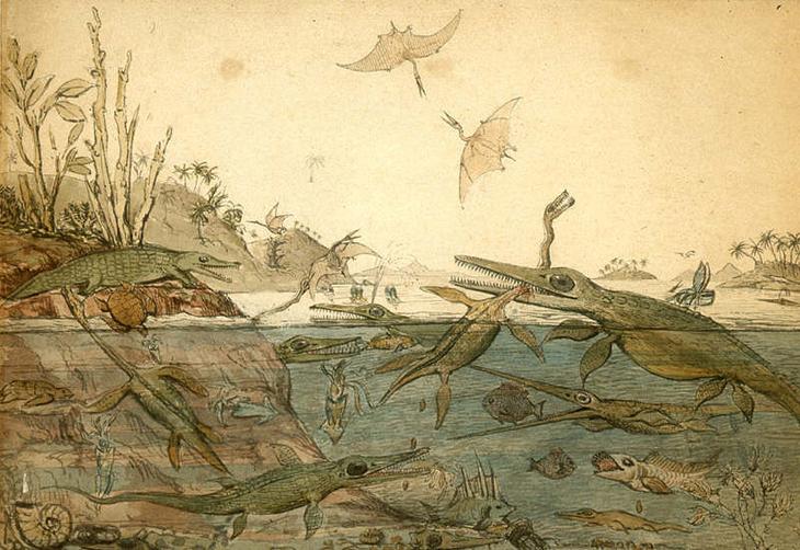 Акварель с изображением мезозойской морской экосистемы, написанная геологом Генри де ла Бешем в 1830 году / © Бристольский университет