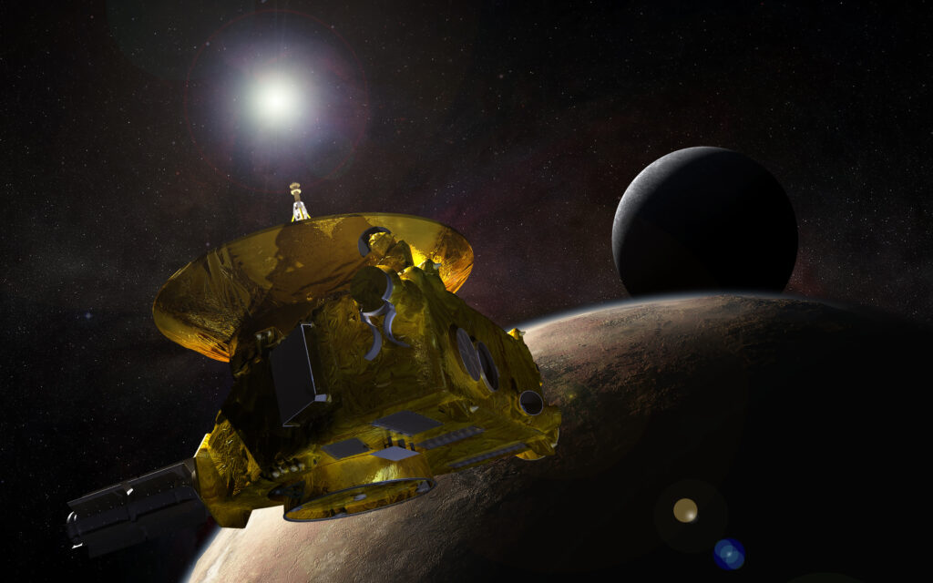 Художественное представление пролета New Horizons мимо Плутона с Хароном