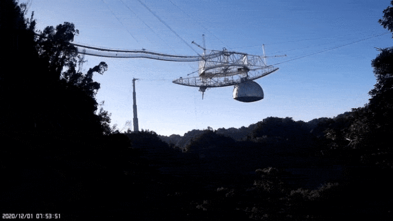 Обрушение радиотелескопа Аресибо попало на видео