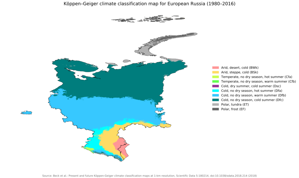 Россия (и даже ее европейская часть) по современной климатической классификации в основном характеризуется словом «холодная» (цвет морской волны, голубой и бирюзовый цвета) / ©Wikimedia Commons