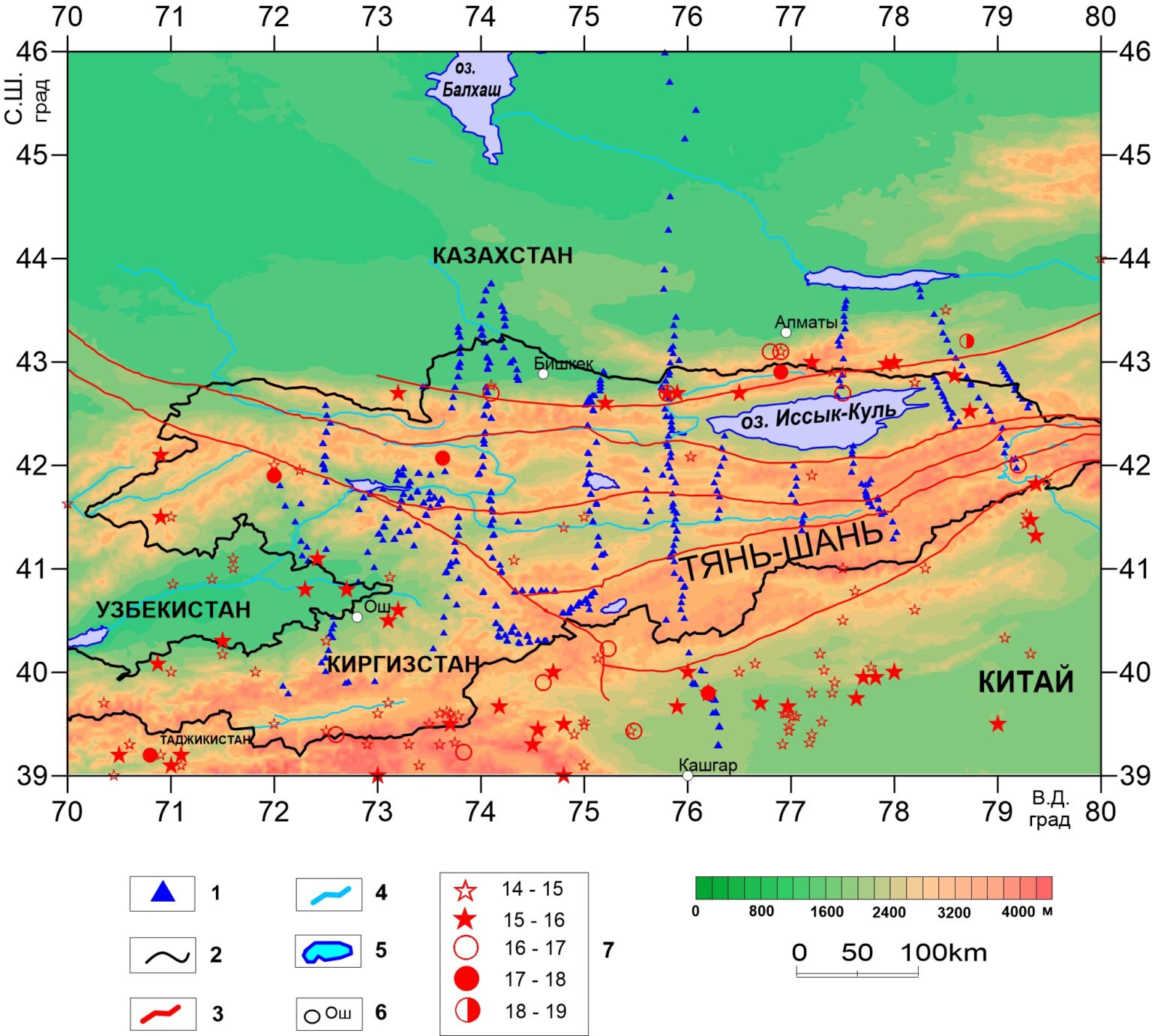 Карта распределения землетрясений для территории Тянь-Шаня с энергетическим классом 14–19 / ©Rybin A. K. et al. / Geodynamics & Tectonophysics, 2021 (In Russ.)