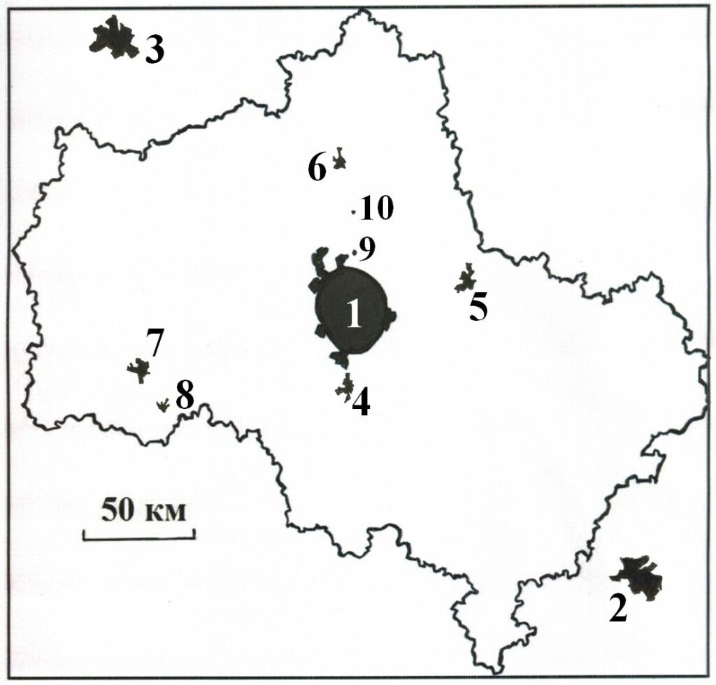 Рисунок 2. Карта с населенными пунктами, выбранными для анализа