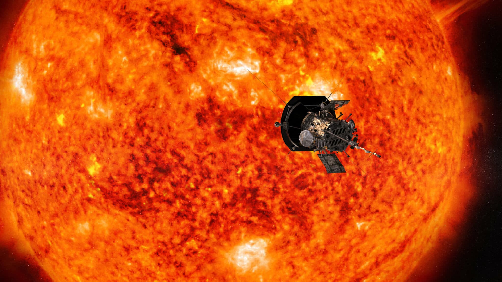 «Паркер» на фоне Солнца в представлении художника. / © NASA/Johns Hopkins APL/Steve Gribben