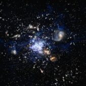 Протокластер, содержащий галактику Паутина (MRC 1138-262) и ее окрестности в представлении художника. Является одним из наиболее изученных скоплений галактик.