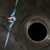 Кандидат в парную систему сверхмассивных черных дыр в сердце галактики PKS 2131-021 в представлении художника.