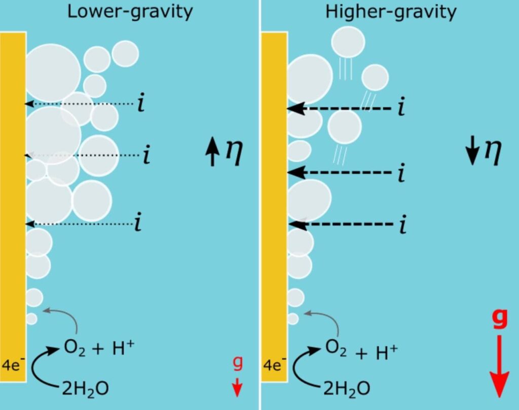 Схематическое сравнение распределения пузырьков газа на электроде при низкой (слева) и высокой (справа) силе тяжести. В случае более низкой гравитации пузырьки будут больше прилипать к поверхности, увеличивая сопротивление и перенапряжение по сравнению с системой с более высокой гравитацией, где пузырьки быстрее отрываются от электрода, уменьшая сопротивление в системе и снижая перенапряжение.