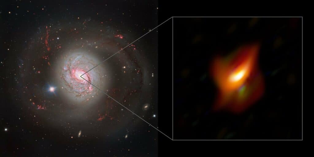 Слева — снимок активной галактики Мессье 77, полученный с помощью прибора FOcal Reducer и низкодисперсионного спектрографа (FORS2) на Очень Большом Телескопе. Справа — увеличенное изображение  внутренней области этой галактики, ее активного ядра, сделанное с использованием данных прибора MATISSE Очень Большого Телескопа. 