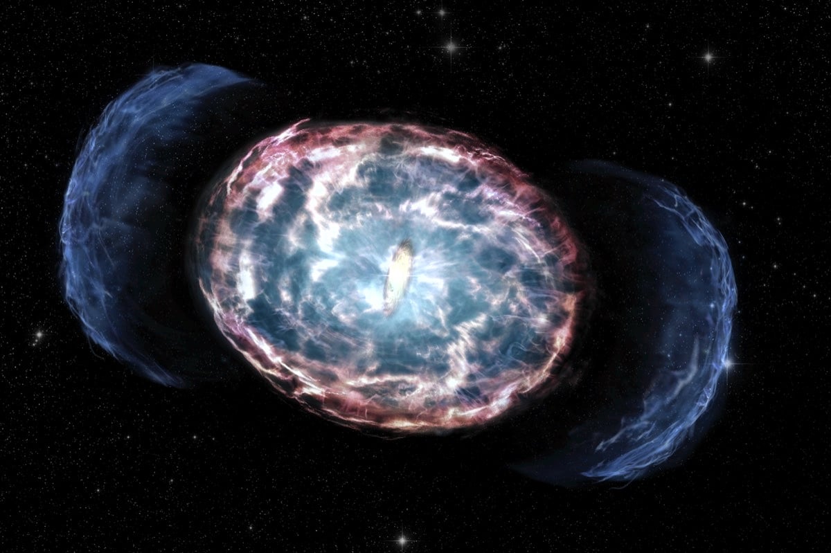 Событие GW170817 глазами художника: в ярком центре из сливающихся нейтронных звезд рождается черная дыра, в стороны разлетаются потоки вещества