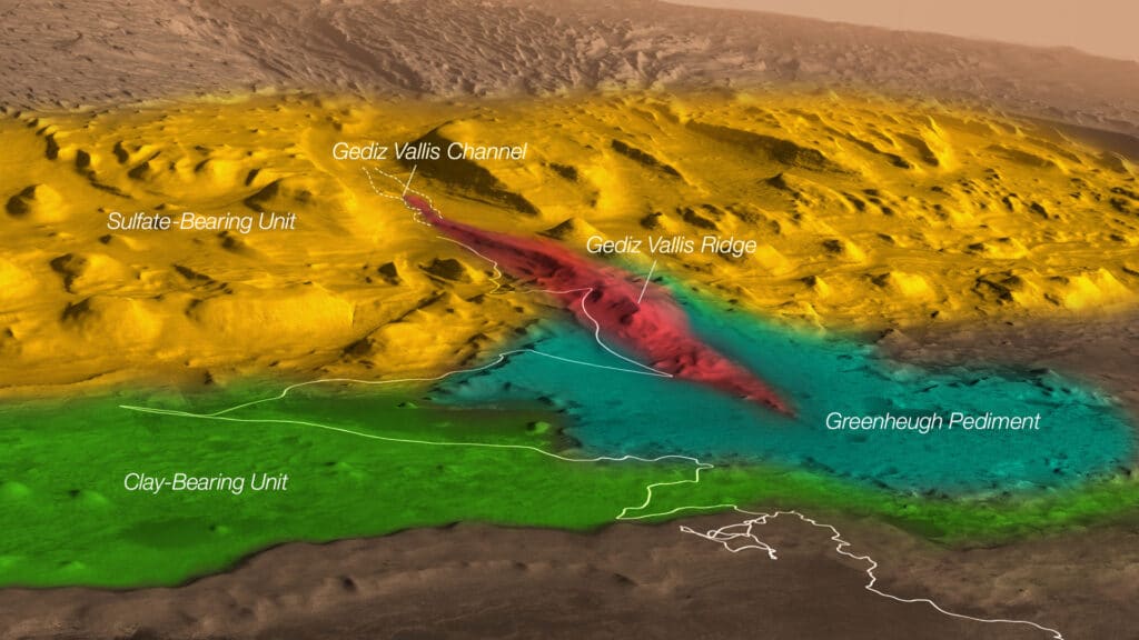 Крупный план изучаемой области. Цветовая кодировка: зеленый - глинистые отложения, желтый - сульфатные отложения, красный - отложения ущелья Гедиз, сине-зеленый - подножье Гринхью. Белая линия - маршрут Curiosity перед вторым этапом изучения подножья.