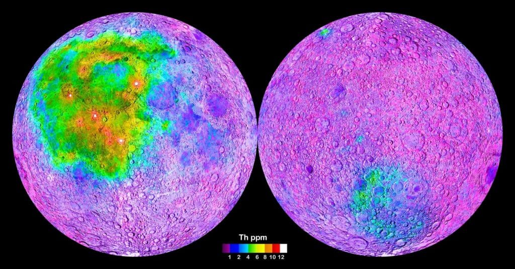 Концентрация тория на поверхности Луны, в частях на миллион. 