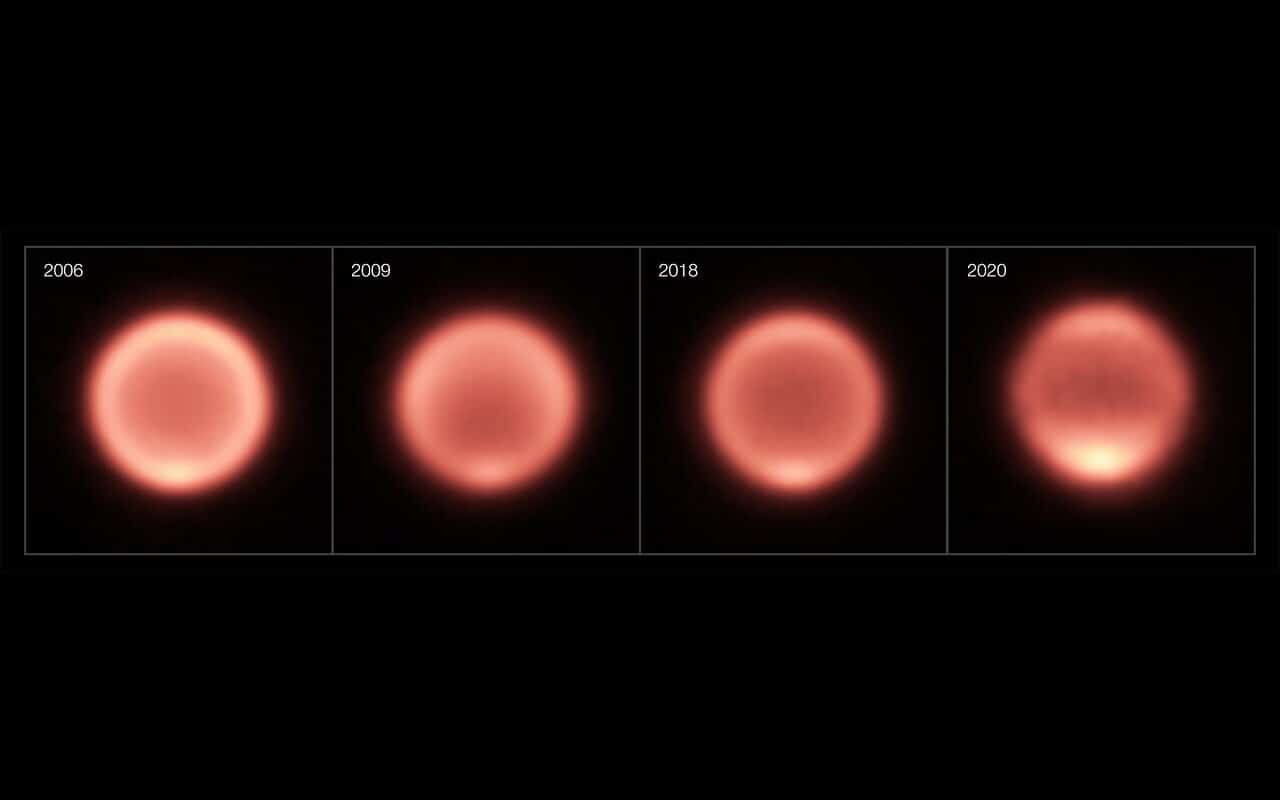 Изображения Нептуна в инфракрасном диапазоне, полученные на телескопах VLT (2006 - 2018 годы) и Subaru (2020 год). Яркое пятно в нижней части диска - южный полюс.