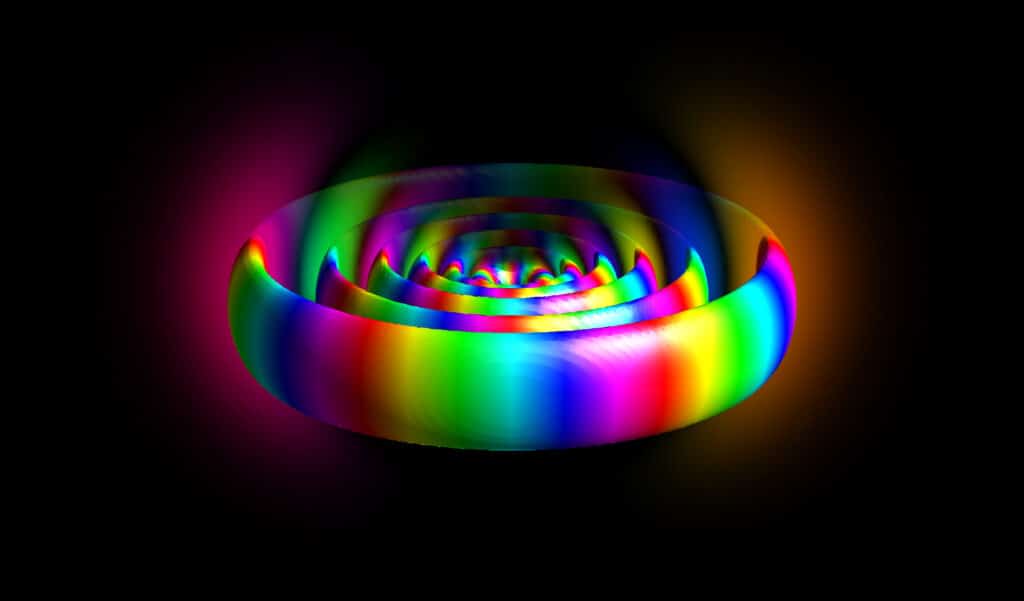 Волновая функция электрона в ридберговском атоме с главным квантовым числом 12. Масштаб изображения - около 20 нанометров; обычный атом водорода занял бы на нем несколько пикселей.