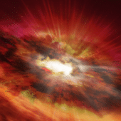 Сверхмассивная черная дыра в центре пыльной звездообразующей галактики в представлении художника.