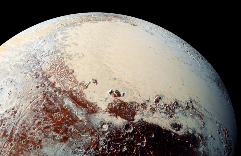 Снимок равнины Спутника на Плутоне. Фотография сделана станцией «Новые горизонты»