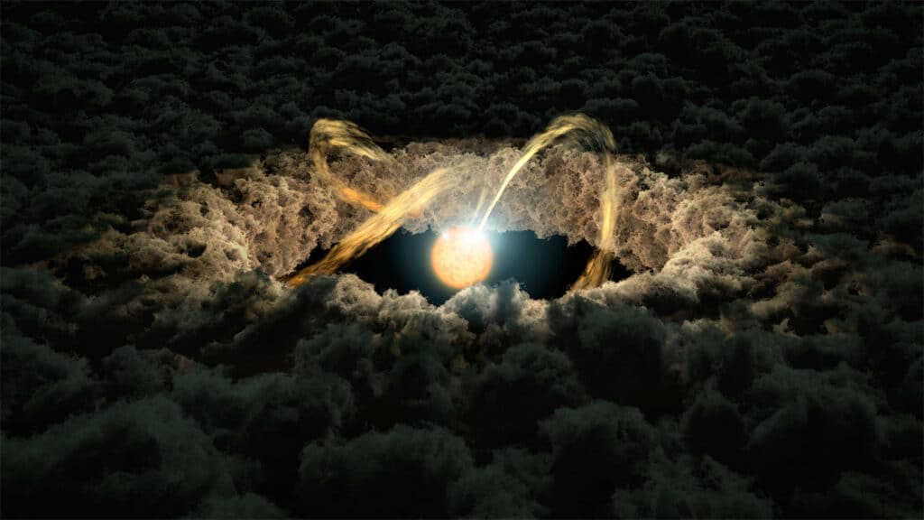 Художественное изображение области взаимодействия внутренней части протопланетного диска и магнитного поля протозвезды.