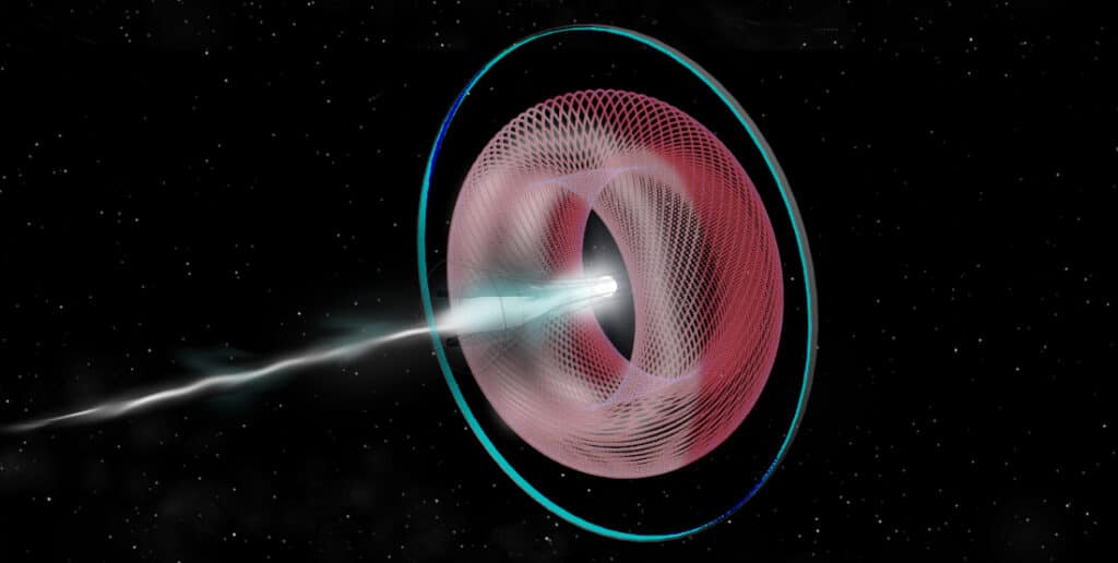 Гипотетический способ передвижения цивилизаций II и III типа по Кардашеву. Торообразное подобие сферы Дайсона состоит из спутников с фотоэлементами, накапливающими большие объемы энергии до тех пор, пока их орбита в рамках тора не сблизится с одним из полюсов звезды. Затем спутник излучает туда с помощью группы мощных излучателей (например, лазерных), работающих по принципу активной фазированной антенной решетки. В силу нагрева звезда начинает давать мощные выбросы собственного вещества. Тор Дайсона с помощью сверхмощных электромагнитных полей направляет весь выброшенный звездный материал в нужную сторону, двигая систему в целом в противоположную сторону. Кольцо вокруг звезды предполагается обитаемым и населенным представителями странствующей цивилизации. Не совсем ясно только одно: зачем кому-то всей цивилизацией путешествовать в одну сторону, если космические корабли позволяет путешествовать сразу во многих направлениях? / ©Wikimedia Commons