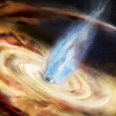 Иллюстрация того, как черная дыра в двойной системе поглощает материю соседней звезды