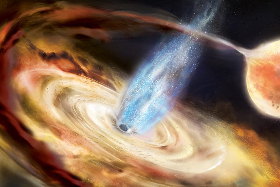 Иллюстрация того, как черная дыра в двойной системе поглощает материю соседней звезды