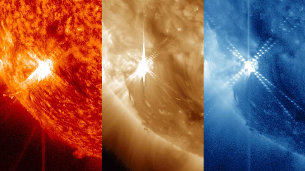 Мощная солнечная вспышка 12 ноября 2012 года, в нескольких длинах волн дальнего ультрафиолетового диапазона: слева - 30,4 нанометров, посередине - 19,3 нанометров, справа - 33,5 нанометров. Эти длины волн примерно в 20 раз короче, чем у видимого света. 