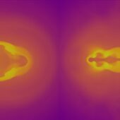 Измеренная карта плотности плазмы в момент сжатия в отсутствие магнитного поля (слева) и после приложения к капсуле поля 50 тесла (справа). Цвет обозначает плотность плазмы: желтый - 0,84 г/см3 (как у керосина).
