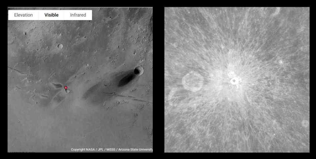 Десятикилометровые кратеры Зунил на Марсе (слева, красный маркер) и Пьераццо на Луне (справа, масштаб вдвое крупнее). Лучевая система кратера Зунил не видна на фотографиях в видимом свете, несмотря на сопоставимый или меньший возраст, чем у Пьераццо. Полосы вблизи от кратеров на левом изображении - переносимая ветром пыль, а темное пятно чуть левее и выше кратера Зунил - выброс от недавнего вулканического извержения из разломов Цербера.