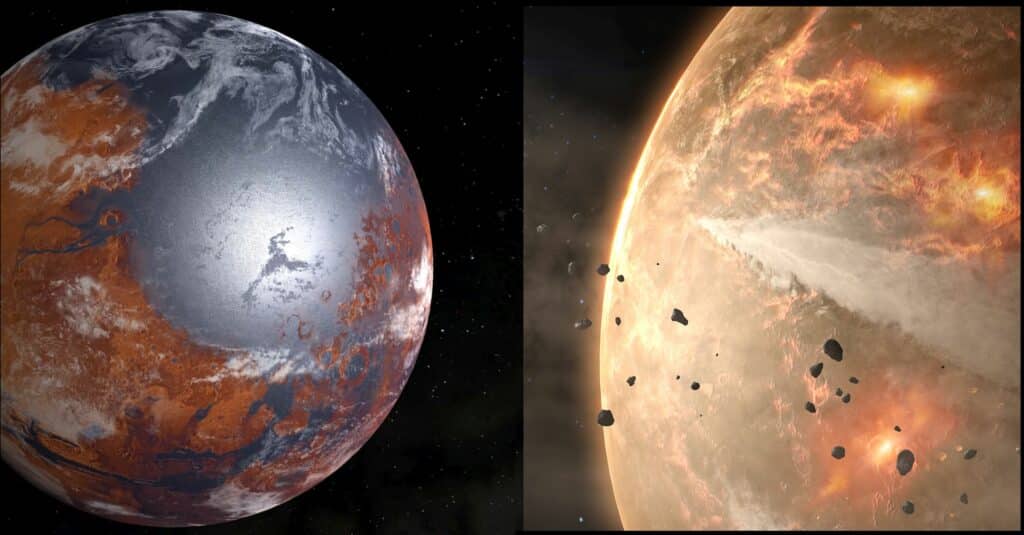 Планеты Солнечной системы спустя сотню миллионов лет после ее образования, в представлении художников. Слева - Марс, справа Земля, которая в то время была гораздо менее обитаема.