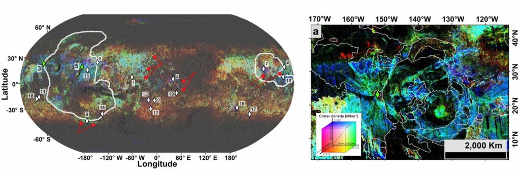 Плотность мелких кратеров на всей поверхности Марса (слева) и вблизи кратера Тутинг (справа). Синим цветом показаны кратеры диаметром от 25 до 75 метров, зеленым - от 75 до 150 метров, красным - от 150 до 300 метров. Белыми контурами обведены вулканические провинции: Фарсида (слева) и Элизий (справа), а ромбами указаны кратеры с найденными в исследовании лучевыми системами.