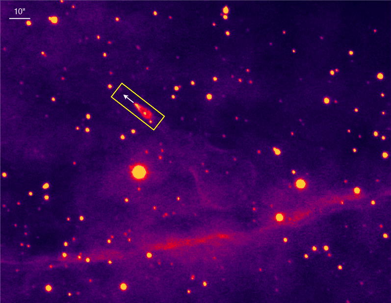 Еще одна фотография ударной волны, образованной сверхскоростным пульсаром  PSR 2224+65. Масштаб в несколько раз мельче, чем на предыдущем изображении.