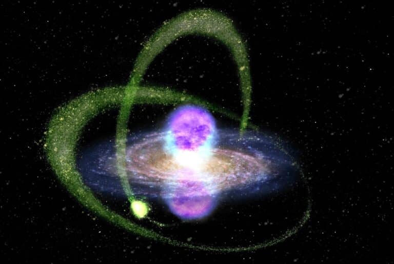 На иллюстрации показаны пузыри Ферми, исходящие из центра нашей Галактики, и карликовая галактика-спутница Sgr dSph, яркое излучение которой мы наблюдаем с противоположной стороны Млечного Пути